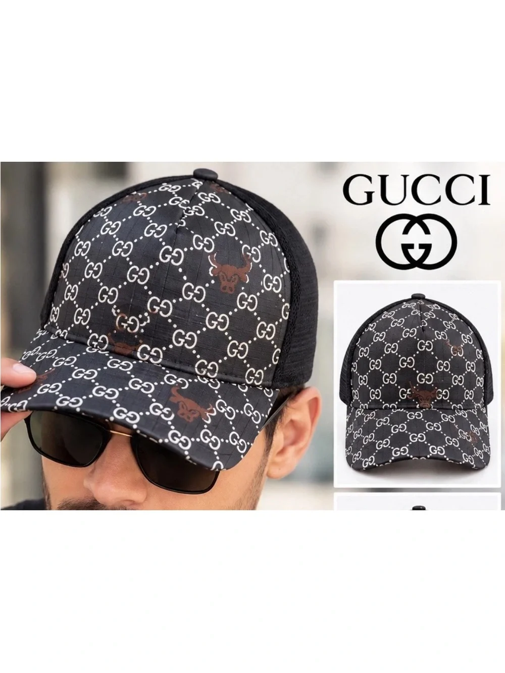 Gucci Black GG Monogram Baseball Cap with Brown Accents